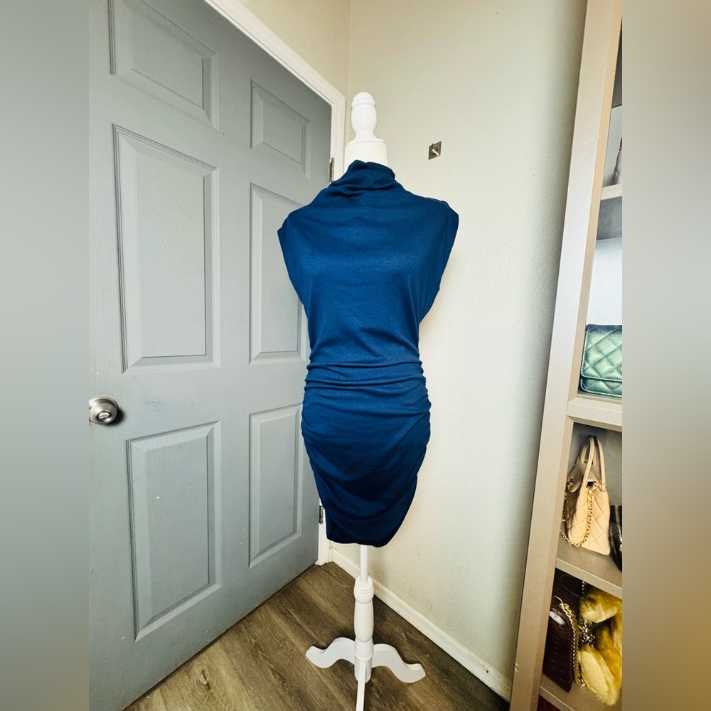 Michael Stars Navy Blue Ruched Ultra Rib Sleeveless Mock Neck Dress Size M